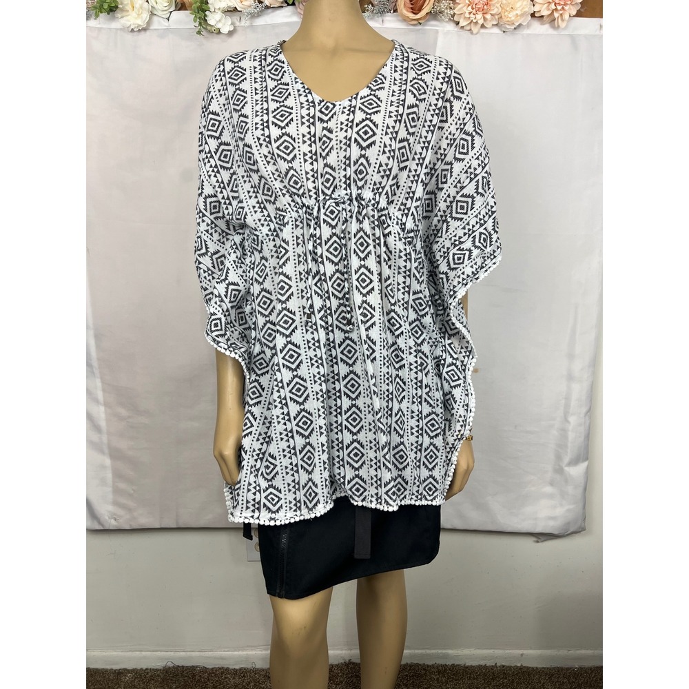 Geometric Tribal Print Kaftan Top Black White Pom Pom Trim Open Back‎ Large